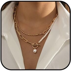 Stack Irregular Gold Necklace Baroque Pearl Necklace Gold Plated Paper Clip OT Buckle Necklace Delicate Layered Stack Can Be Freely Adjusted Length Pearl Pendant Beaded Necklace Women