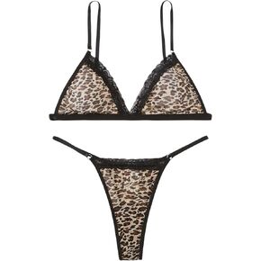 WDIRARA Women's Leopard Print Lace Trim Underwire Lingerie Set V Neck Bra and Thongs
