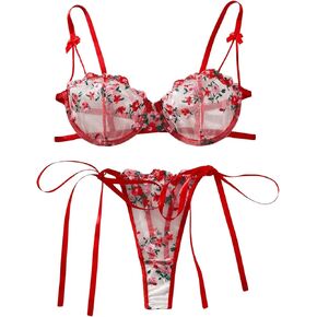 GORGLITTER Women's Lace Lingerie Sexy Sets Bra and Panty Set Floral Mesh Underwire