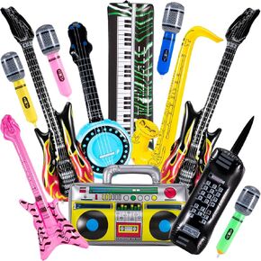 12 Pcs Inflatable Instruments,Inflatable Rock Star Toy Set,Inflatable Guitar,Blow up Guitar Inflatable Saxophone Inflatable Microphones Bass Lute Boombox Phone Piano,80s 90s Party Decorations