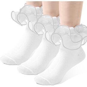 3 Pairs Girls Lace Ankle Socks Trim Double Layer Lace Girl Socks Cute Ruffle Comfortable Frilly Dress Ankle Socks for Girls aged 8-10 Years