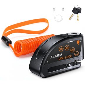 Motorcycle Disc Brake Lock, Rechargeable Motorcycle Locks Anti Theft with 120dB Alarm, 7mm Lock Pin Motorcycle Brake Helmet Scooter Wheel Lock, Waterproof 5FT Reminder Cable, Black