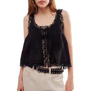 Women Lace Trim Vest Tank Tops Semi Sheer Tie Button Front Crop Y2K Going Out Tops Cute Summer Cami Shirt