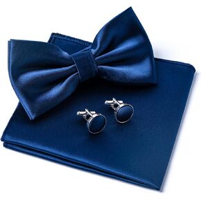 Mens Solid Color Double Fold Pre-tied Bow Tie and Pocket Square Cufflinks Set Formal Tuxedo Bowties for Wedding Party