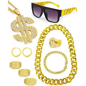 Hoedia 10 PACK 80s 90s الهيب هوب أزياء مجموعة الزي مع سلاسل ذهبية وهمية، سلاسل المال، النظارات الشمسية، خواتم الاصبع علامة الدولار، الأقراط، سوار لملحقات مغني الراب للرجال والنساء ملابس اللباس