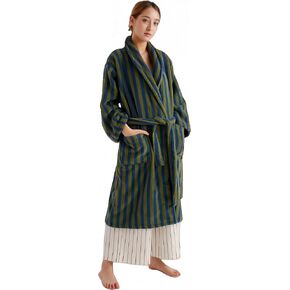 7 VEILS Womens Pure Cotton Yarn Dyed Terry Cloth Bathrobe Checker Stripe Spa Robe Good Absorbent Towel