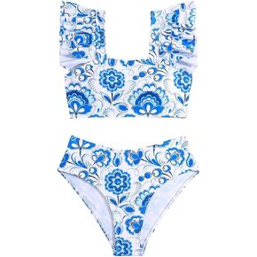 WDIRARA Girl's 2 Piece Ruffle Hem Shirred Tankini Sets Tank Top & High Waist Bikini Set Blue Floral 9Y
