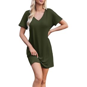Women Shirt Dress Casual Loose Swing Dress V-Neck Short Sleeve Tunic Dress with Pockets