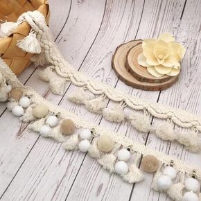 2Yards Pom Trim Ball Wide 6CM Fringe Ribbon Sewing Beige White Lace Kintted Fabric Beaded Handmade Craft Accessories (A Style)