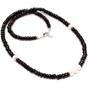 A&M Natural Black Spinel Faceted And Pearl Smooth Rondelle 925 Sterling Silver Lobster Clasp With Adjustable Chain Handmade Beaded Gemstone Necklace