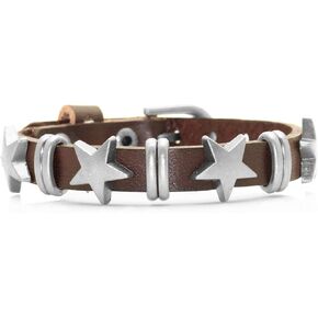 VJOSA Punk Rock Metal Belt Buckle Wristband Stars Studded Pu Leather Cuff Bracelet