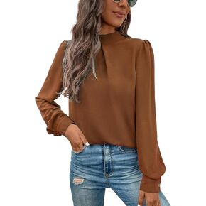 OYOANGLE Women's Elegant Long Sleeve Pleated Blouse Mock Neck Solid Business Casual Shirt Top