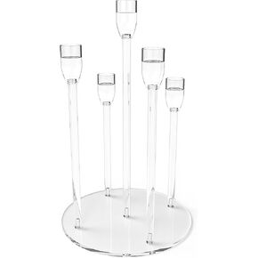 Candelabra Centerpieces for Tables 5 Arm Clear Candle Holder Fit 0.87" LED Pillar Taper Candlestick with Round Base for Christmas New Year Decoration (5 Arm Candelabra)
