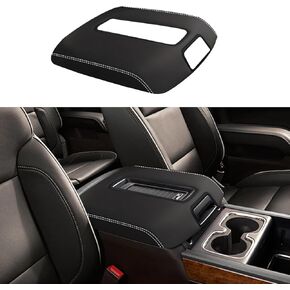Car Center Console Armrest Cover for Chevy Silverado & GMC Sierra 2014 2015 2016-2018 Leather Anti-Scratch Central Arm Rest Box Lid Seat Cover Protector Accessories(W/Bucket Seat,White Stitches)