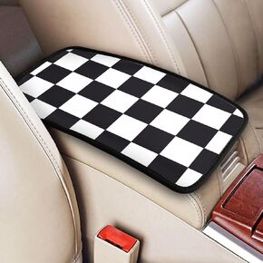 Black White Race Checkered Flag Calibration Chess Grid Auto Center Console Cover Pad Car Armrest Seat Box Cover Cushion Universal for Most Vehicle SUV Truck Car Accessories Decor