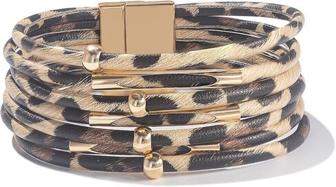 FANCY SHINY Leopard Leather Wrap Bracelet Stackable Boho Tube Beaded Cuff Bracelet with Magnetic Clasp in Kuwait