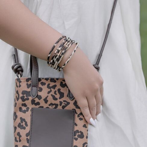 FANCY SHINY Leopard Leather Wrap Bracelet Stackable Boho Tube Beaded Cuff Bracelet with Magnetic Clasp in Kuwait