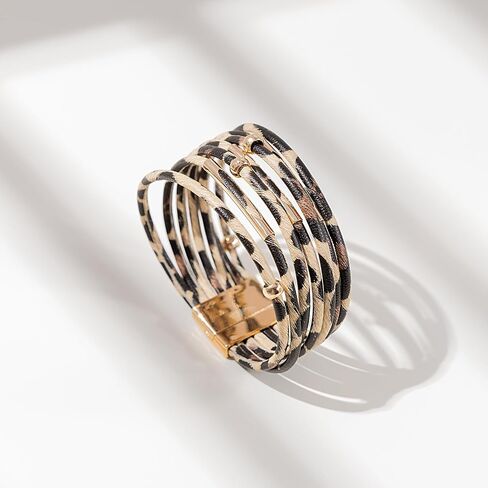 FANCY SHINY Leopard Leather Wrap Bracelet Stackable Boho Tube Beaded Cuff Bracelet with Magnetic Clasp in Kuwait