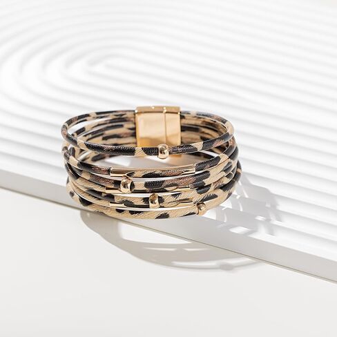 FANCY SHINY Leopard Leather Wrap Bracelet Stackable Boho Tube Beaded Cuff Bracelet with Magnetic Clasp in Kuwait