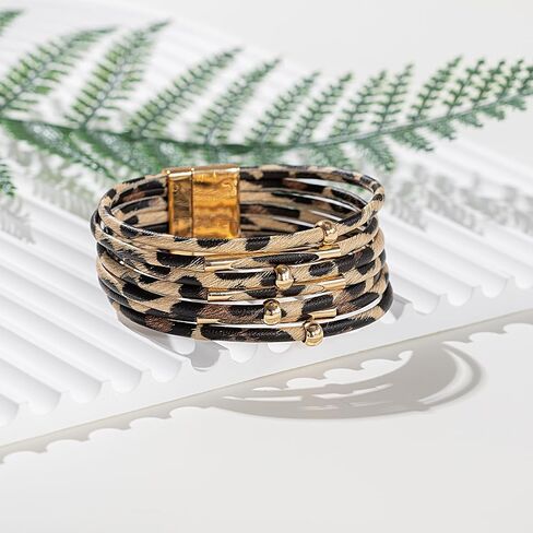 FANCY SHINY Leopard Leather Wrap Bracelet Stackable Boho Tube Beaded Cuff Bracelet with Magnetic Clasp in Kuwait