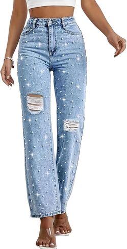 LifeShe Women Pearl Jeans Ripped Distressed Denim Pants High Waist Straight Leg Trousers in Saudi Arabia