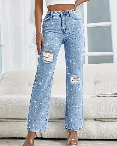 LifeShe Women Pearl Jeans Ripped Distressed Denim Pants High Waist Straight Leg Trousers in Saudi Arabia