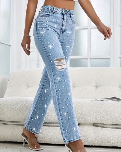 LifeShe Women Pearl Jeans Ripped Distressed Denim Pants High Waist Straight Leg Trousers in Saudi Arabia