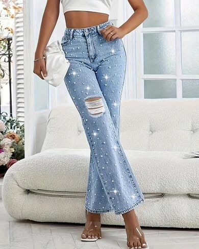 LifeShe Women Pearl Jeans Ripped Distressed Denim Pants High Waist Straight Leg Trousers in Saudi Arabia