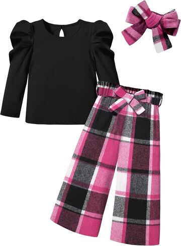 MIGU Toddler Girl Clothes,Girls Fashion Clothes Puff Sleeves Shirt Pants Headband 3Pcs Girls Gifts Sets in Kuwait