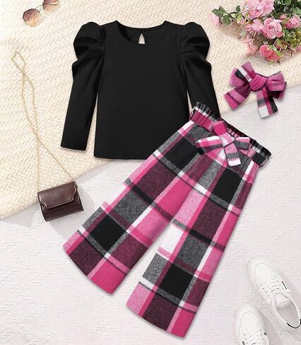 MIGU Toddler Girl Clothes,Girls Fashion Clothes Puff Sleeves Shirt Pants Headband 3Pcs Girls Gifts Sets in Kuwait