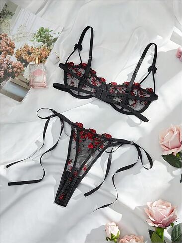 GORGLITTER Women's Lace Lingerie Sexy Sets Bra and Panty Set Floral Mesh Underwire in Saudi Arabia