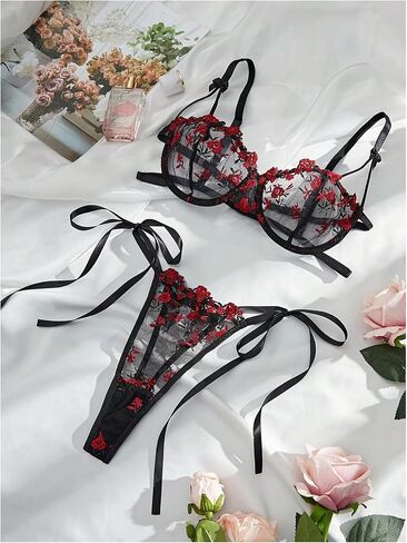 GORGLITTER Women's Lace Lingerie Sexy Sets Bra and Panty Set Floral Mesh Underwire in Saudi Arabia