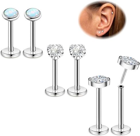 3Pairs 16G 18G G23 Titanium Threadless Earrings for Women Push in Cartilage Helix Tragus Stud Earrings CZ Opal Flat Back Earrings Lip Labret Monroe Nostril Studs Piercing Jewelry in Saudi Arabia