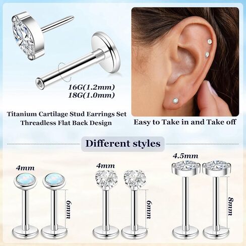 3Pairs 16G 18G G23 Titanium Threadless Earrings for Women Push in Cartilage Helix Tragus Stud Earrings CZ Opal Flat Back Earrings Lip Labret Monroe Nostril Studs Piercing Jewelry in Saudi Arabia