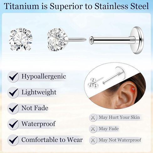 3Pairs 16G 18G G23 Titanium Threadless Earrings for Women Push in Cartilage Helix Tragus Stud Earrings CZ Opal Flat Back Earrings Lip Labret Monroe Nostril Studs Piercing Jewelry in Saudi Arabia