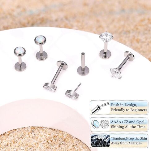 3Pairs 16G 18G G23 Titanium Threadless Earrings for Women Push in Cartilage Helix Tragus Stud Earrings CZ Opal Flat Back Earrings Lip Labret Monroe Nostril Studs Piercing Jewelry in Saudi Arabia