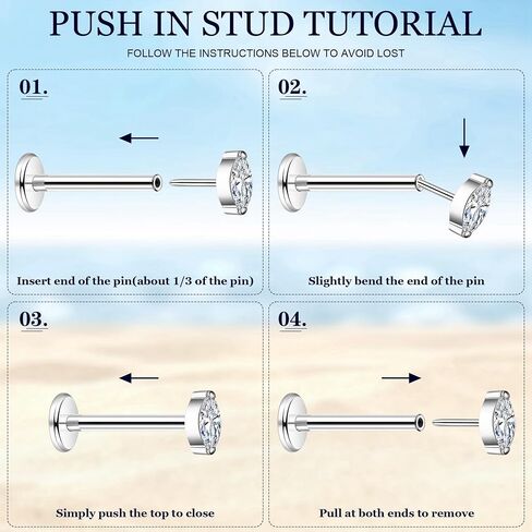 3Pairs 16G 18G G23 Titanium Threadless Earrings for Women Push in Cartilage Helix Tragus Stud Earrings CZ Opal Flat Back Earrings Lip Labret Monroe Nostril Studs Piercing Jewelry in Saudi Arabia