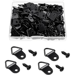 100 Pack Steel Picture Hangers with 100pcs 8mm Screws, Small Triangle Ring, Light Duty D Rings for Clock, Decoration, Mirror, Paintings, Artwork Picture Frame (Black)