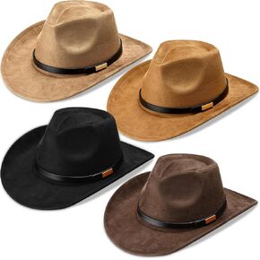 Geyoga 4 Pack Cowboy Hat for Men Women Western Suede Hats Panama Hat Felt Wide Brim Cowgirl Hat for Cowboys and Cowgirls with Belt Buckle