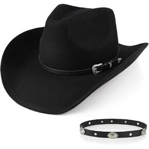 100% Wool Men's Women's Western Cowboy Hat Classic Black Cowgirls Hats Fedora Hat Felt with Two Decorative Bands