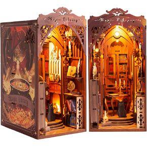 DIY Book Nook Kit 3D Wooden Puzzle Shelf Insert with Motion Sensor LED Light- Miniature Dollhouse Bookend Decor for Adults and Teens - Creative DIY Gift Box