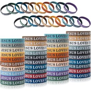QEERBSIN 60 Pcs Jesus Loves You Rubber Bracelets Colorful Silicone Wristbands Jesus Loves You Silicone Bracelet Church Gifts Rubber Wristbands for kids Men Women Party Favors