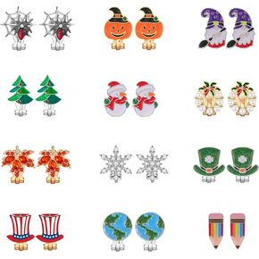 12 Pairs Hypoallergenic Holiday Clip on Earrings for Women Fall Halloween Earrings Christmas Earrings for Girls Teacher Earrings St. Patrick's Day Earrings 4th of July Earrings Holiday Jewelry for Women