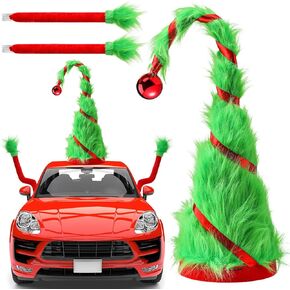 Christmas Green Plush Hat with Arm Outdoor Car Decor for Automobiles Cute Funny Green Christmas Car Decoration Suitable for Most Car Outdoors Accessories