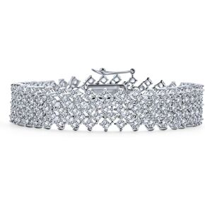 Bling Jewelry Classic Fashion Bridal Multi Row Wide Graduated Cubic Zirconia Cluster AAA CZ Statement Bracelet Silver Plated Perfect for Prom, Wedding or Any Special Occasion.