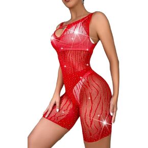 Sexy Fishnet Lingerie for Women Sparkle Rhinestone Sheer Mesh Bodystocking Sexy Tights Bodycon Romper Shorts Jumpsuit