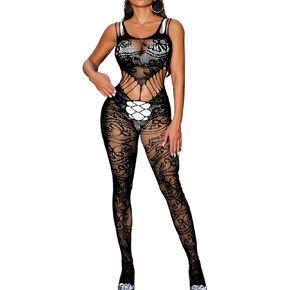 Fishnet Bodysuit For Women,Sheer Floral Lace Mesh Cutout Sexy Jumpsuit,Nightclub Exotic Dancewear Rave Outfits