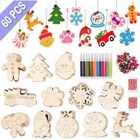 AerWo 60pcs Wooden Christmas Ornaments, 12 Styles Unfinished Wood Slice Ornaments, DIY Christmas Ornaments Set with Bells, Colored Markers and Ropes, for DIY Craft Making and Christmas Tree Ornaments