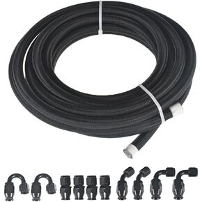 6AN Fuel Line Hose Kit Black Nylon PTFE (Teflon) 20 Feet Gas Ethanol E85 Oil Line Hose with 10PCS Swivel Fuel Hose Fitting Adapter Kit