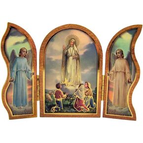 Gold Embossed Our Lady of Fatima Icon Folding Wooden Triptych, 3 1/2 Inch